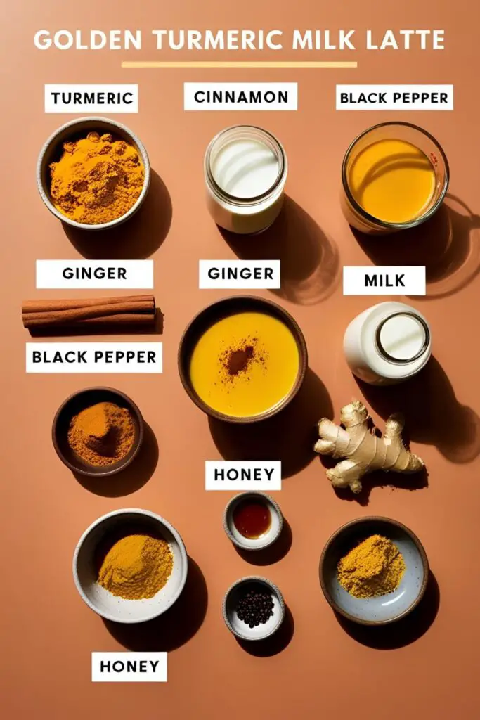 Frothy golden turmeric latte in a cozy mug topped with cinnamon and surrounded by spices
