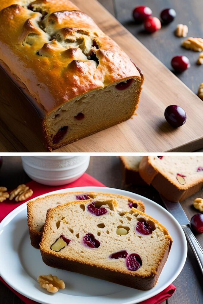 Whole cranberry walnut bread loaf on a cooling rack, emitting a golden-brown crust and inviting aroma.