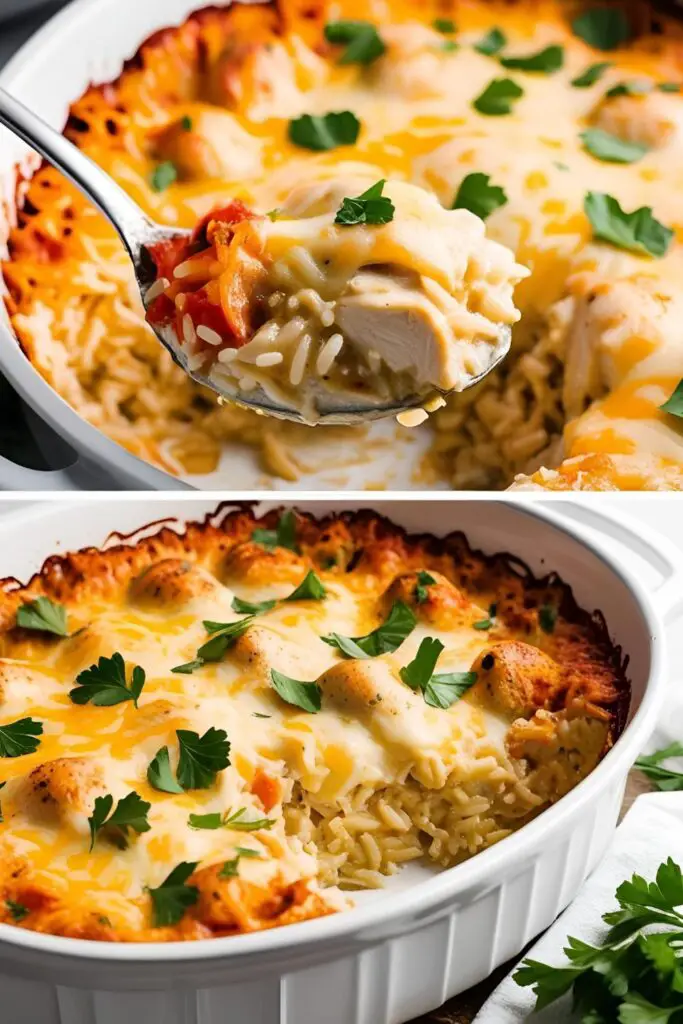 Close-up of a spoonful of creamy chicken and rice bake, highlighting the cheesy texture and tender