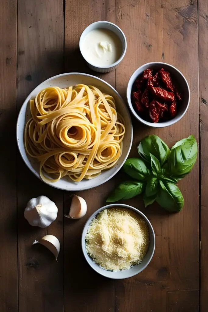  Close-up of creamy sun-dried tomato pasta with a fork twirl.