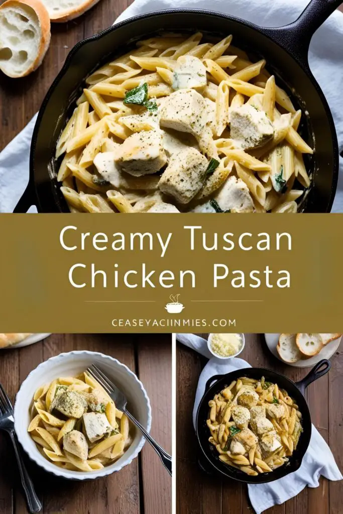 Overhead shot of creamy Tuscan chicken pasta served in a white bowl with a fork.