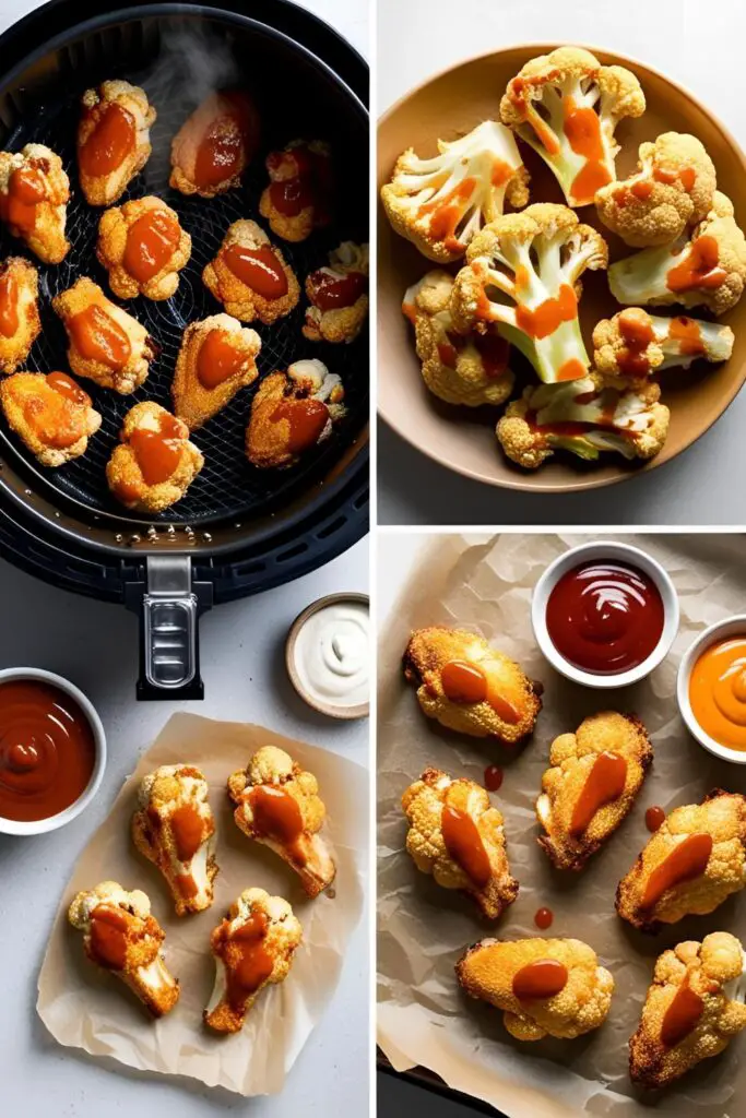 Cauliflower wings in an air fryer basket mid-cook, golden and crisp
