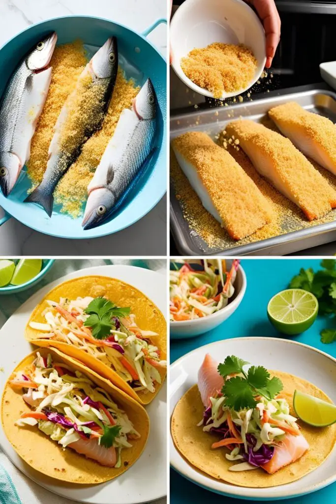 Close-up of golden crispy fish taco topped with cabbage slaw and creamy sauce.