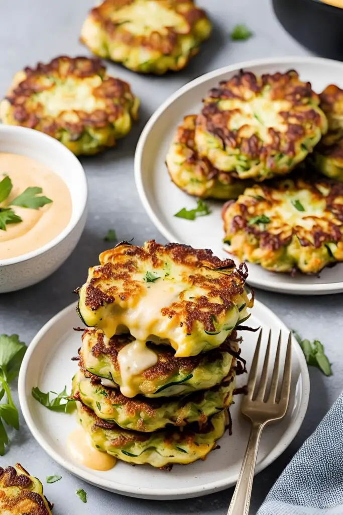 Close-up of golden-brown cheesy zucchini fritters garnished with parsley.