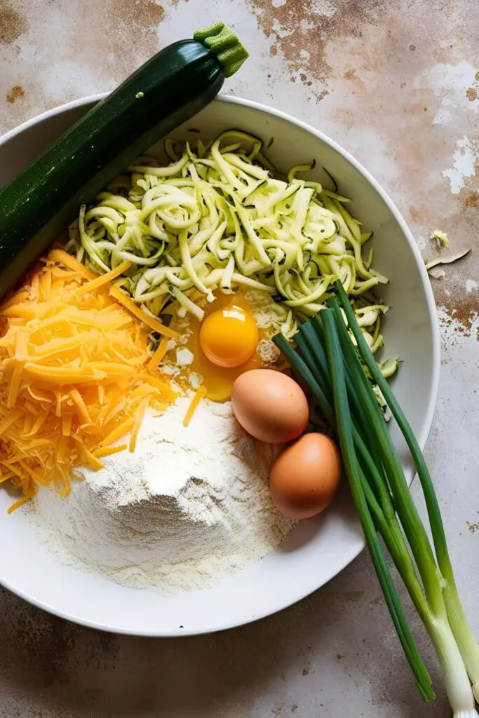 Cheesy zucchini fritters on a plate with fresh herbs and dipping sauce.