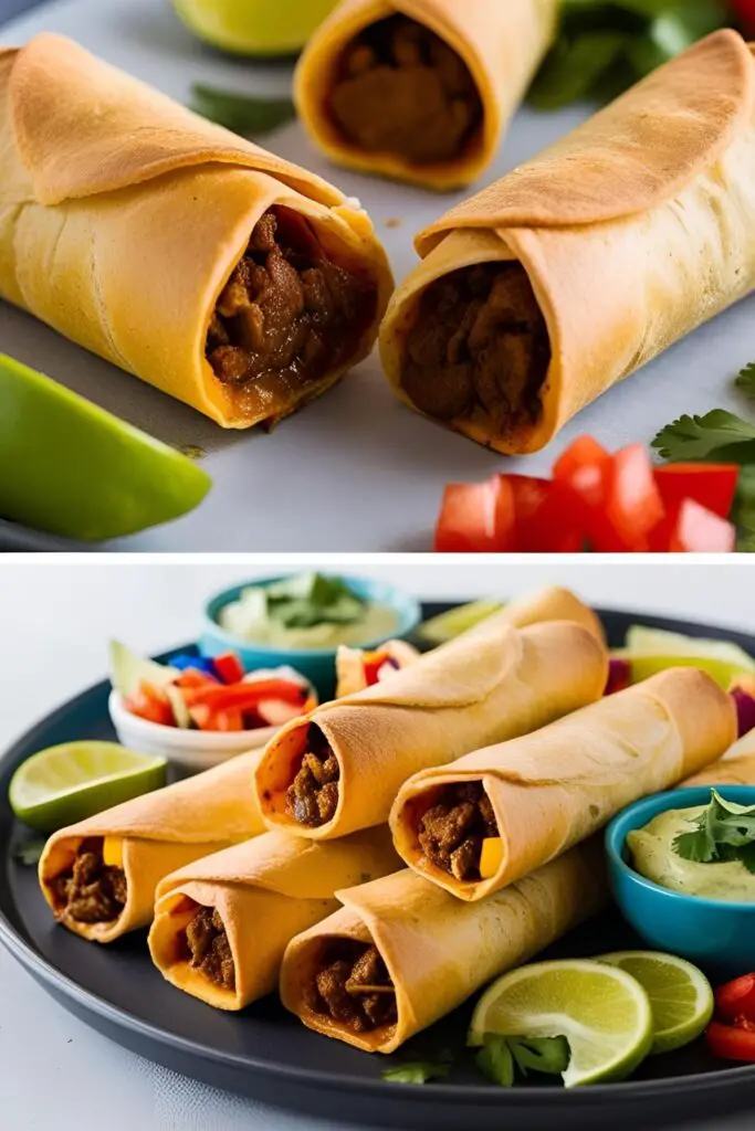 Close-up of crispy chicken taquitos with melted cheese and dipping sauces.