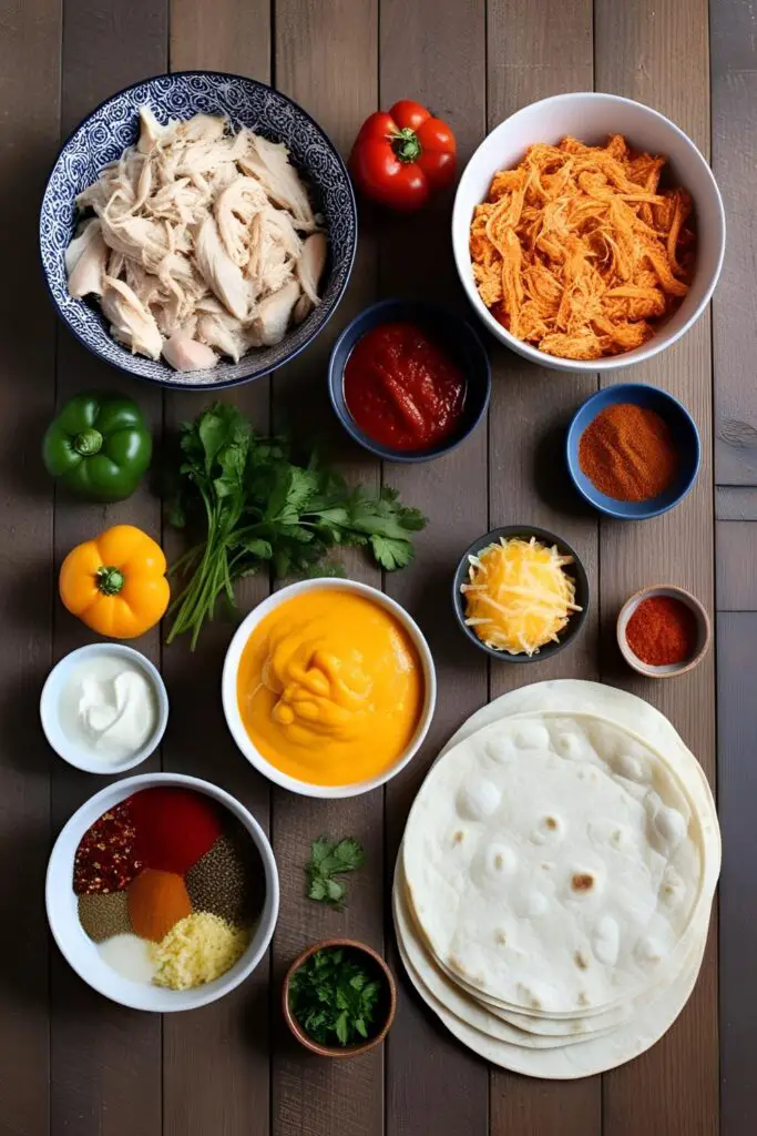 Close-up of crispy chicken taquitos with melted cheese and dipping sauces.