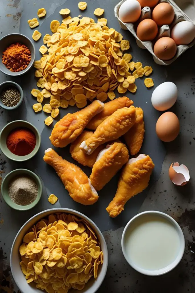 Close-up of a chicken tender with a golden cornflake crust, ready to be devoured.