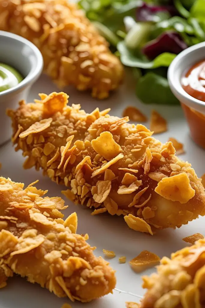 A serving platter of cornflake-coated chicken tenders with dipping sauces and garnishes.