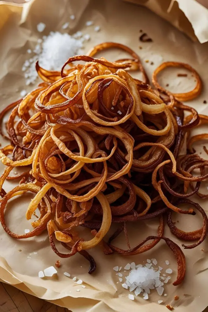 Deep golden fried onions glistening fresh from the fryer with flaky salt