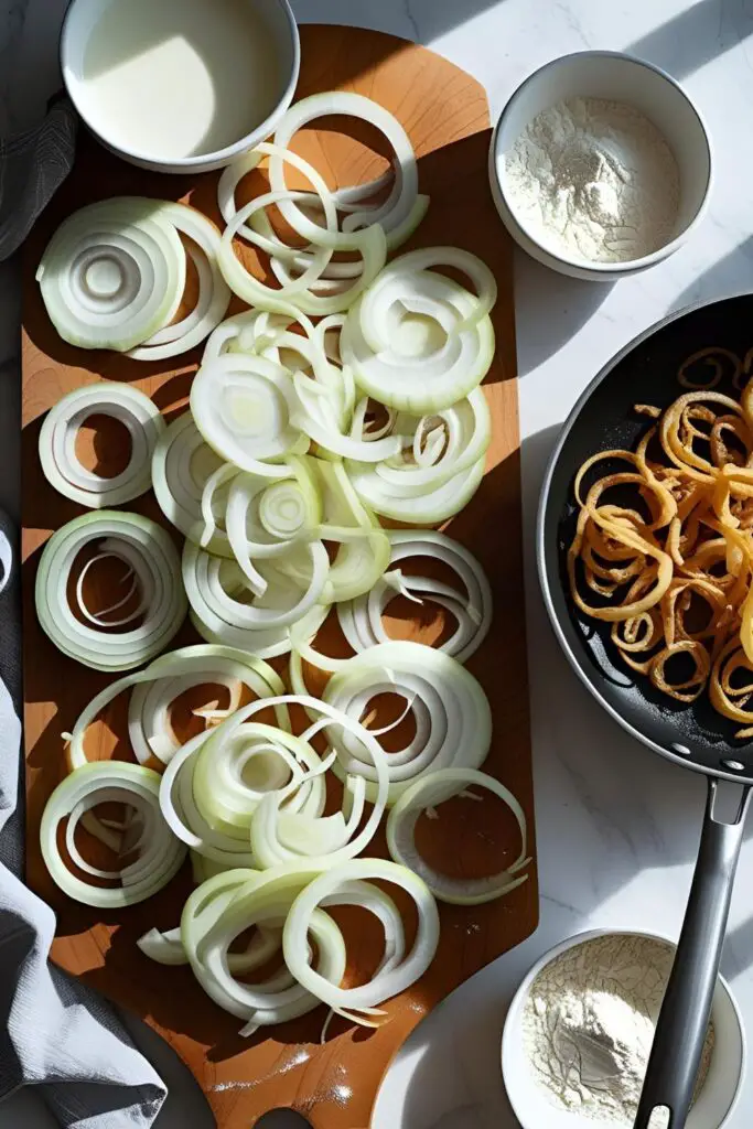 Homemade fried onions served on a rustic plate with dipping sauce