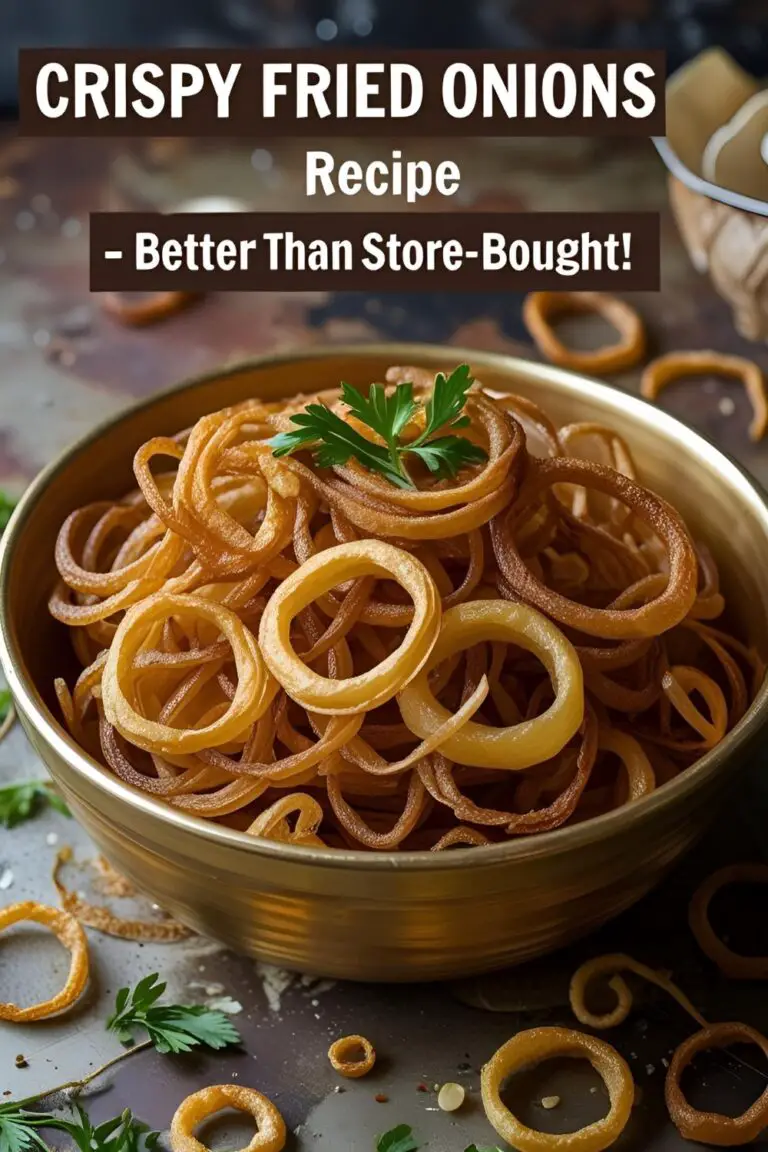 Close-up image of golden crispy fried onions stacked on parchment paper