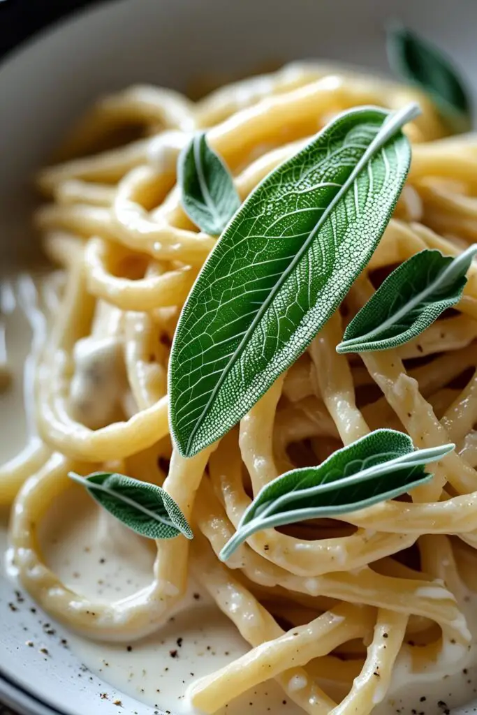 A bowl of creamy pasta topped with crispy fried sage leaves.