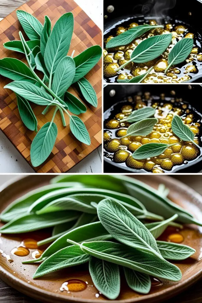 Fried sage leaves sprinkled with sea salt on a wooden board.