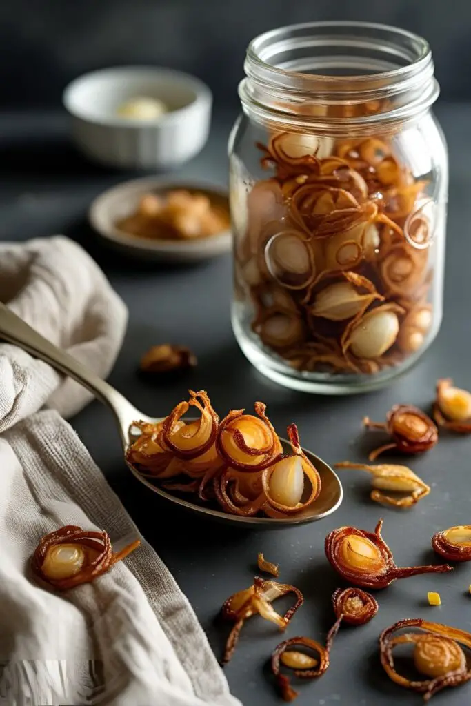  Macro shot of fried shallots in a glass jar with rustic kitchen background
