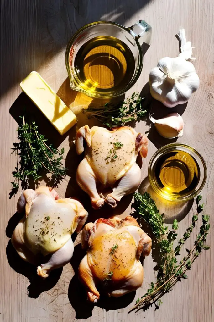  Close-up of crispy garlic butter chicken thighs with golden skin.