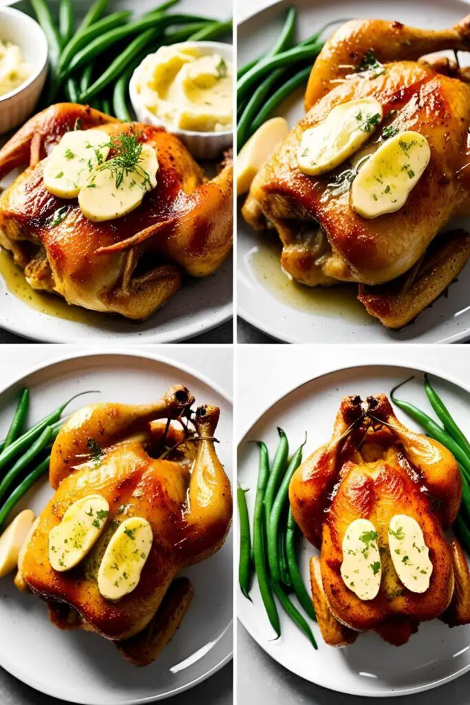 Serving of garlic butter chicken thighs with side dishes on a dinner plate.