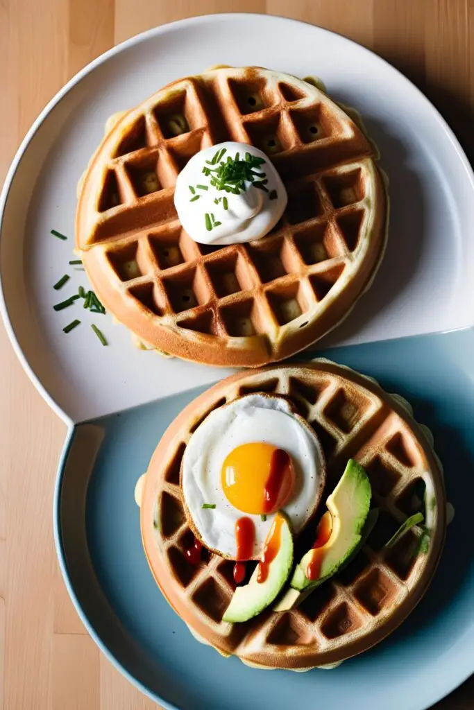 Close-up of a crispy hash brown waffle topped with melted cheese and chopped green onions.