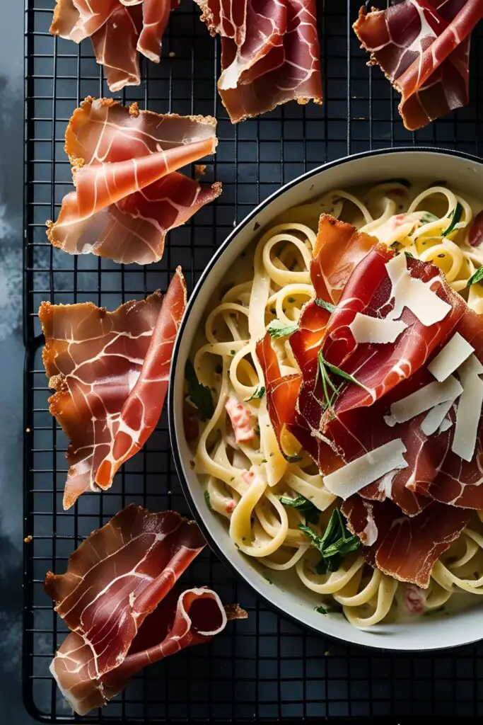 Crispy prosciutto close-up texture shot – gourmet crunchy snack ready in minutes