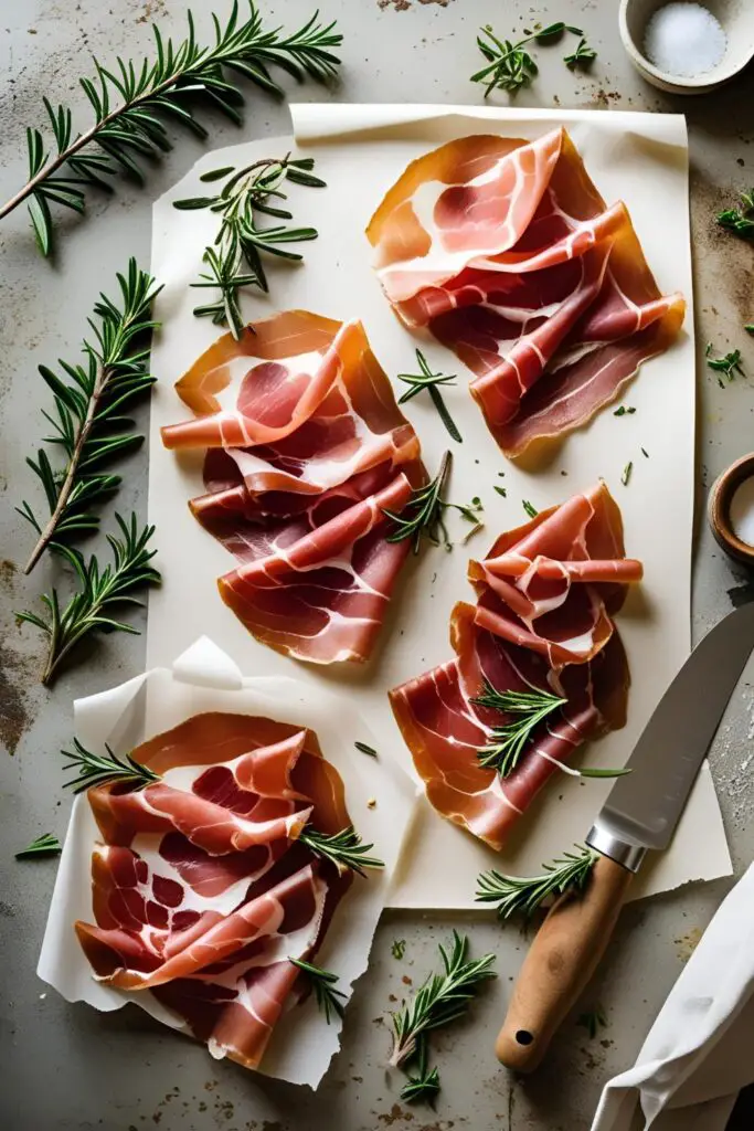 Closeup of crispy prosciutto on parchment paper – crunchy prosciutto snack idea
