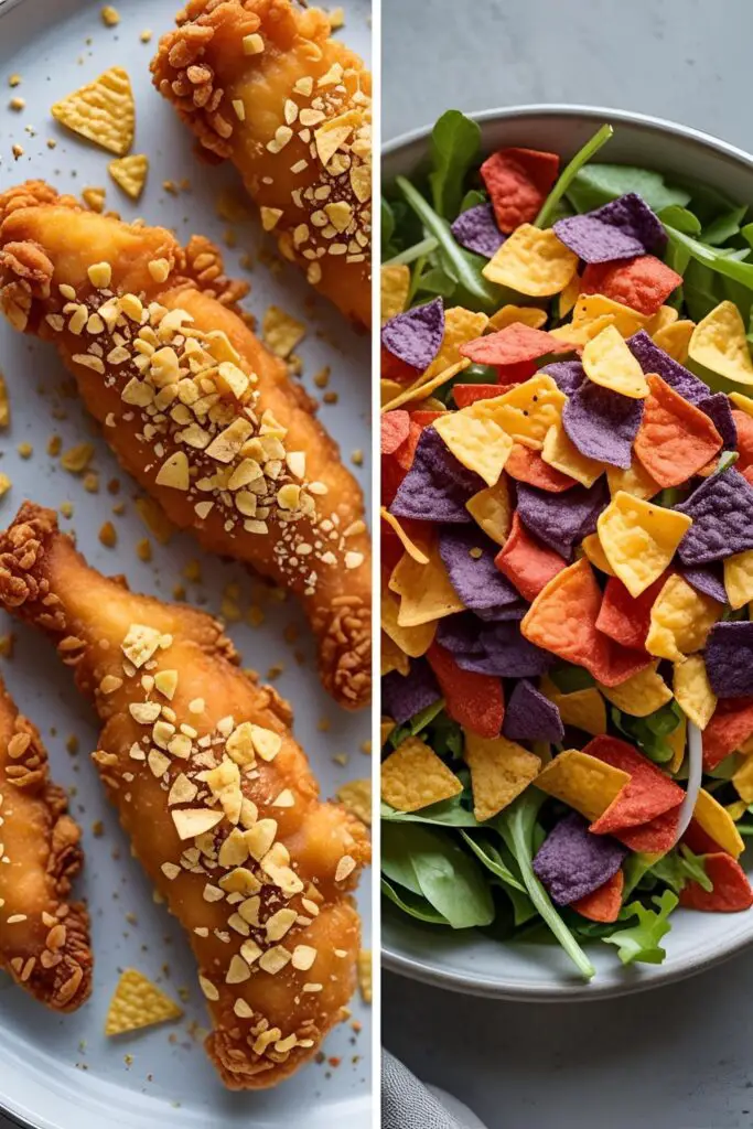 Golden crushed chips used as a chicken crust topping and salad sprinkle for max flavor boost