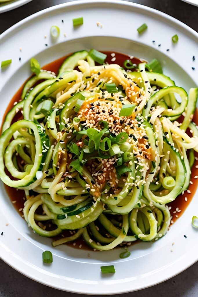 "Cucumber noodles served with sesame seeds and fresh herbs on a white plate"