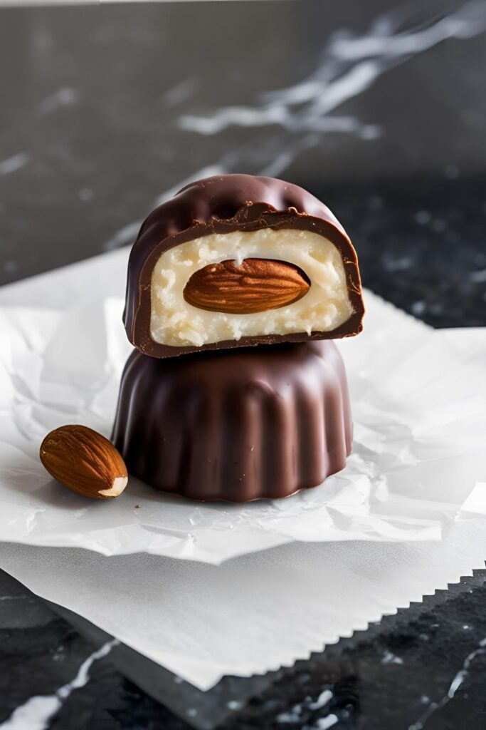 "Stack of homemade Almond Joy candies on a plate, ready to serve."