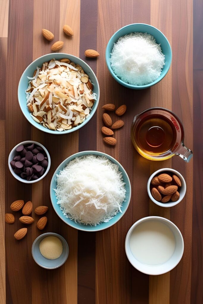 "Close-up of a sliced homemade Almond Joy candy showing coconut and almond layers."