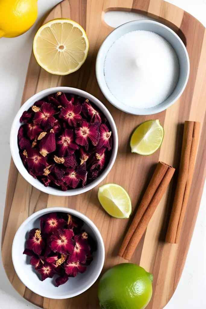  Flat lay photo showing ingredients for hibiscus glaze: dried hibiscus flowers, sugar, lemon slices, and a cinnamon stick on a wooden table. 