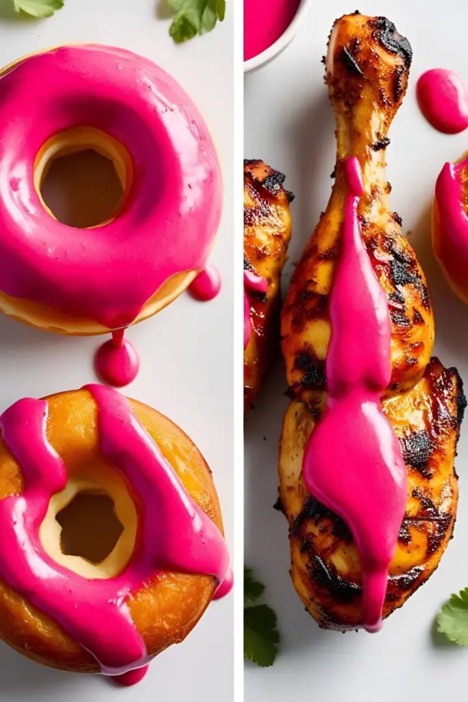 Two plated dishes side by side: a donut with pink hibiscus glaze on left, and a glazed chicken drumstick on right.