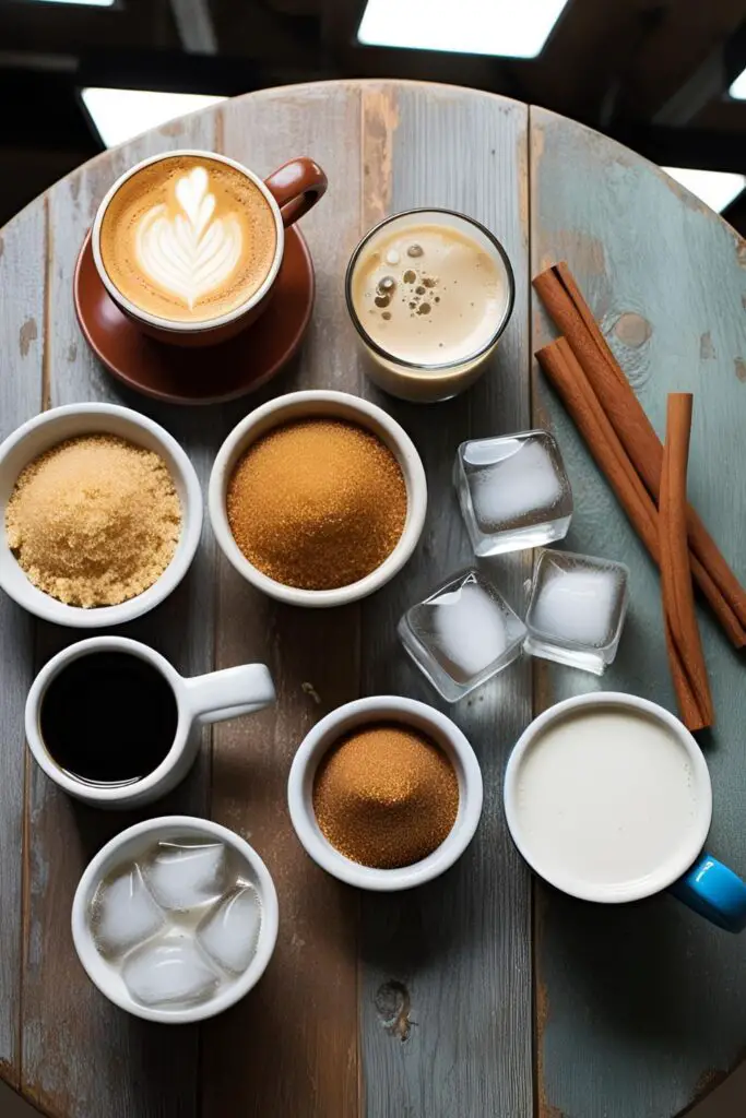 Close-up of a frothy Iced Brown Sugar Oatmilk Shaken Espresso in a mason jar.