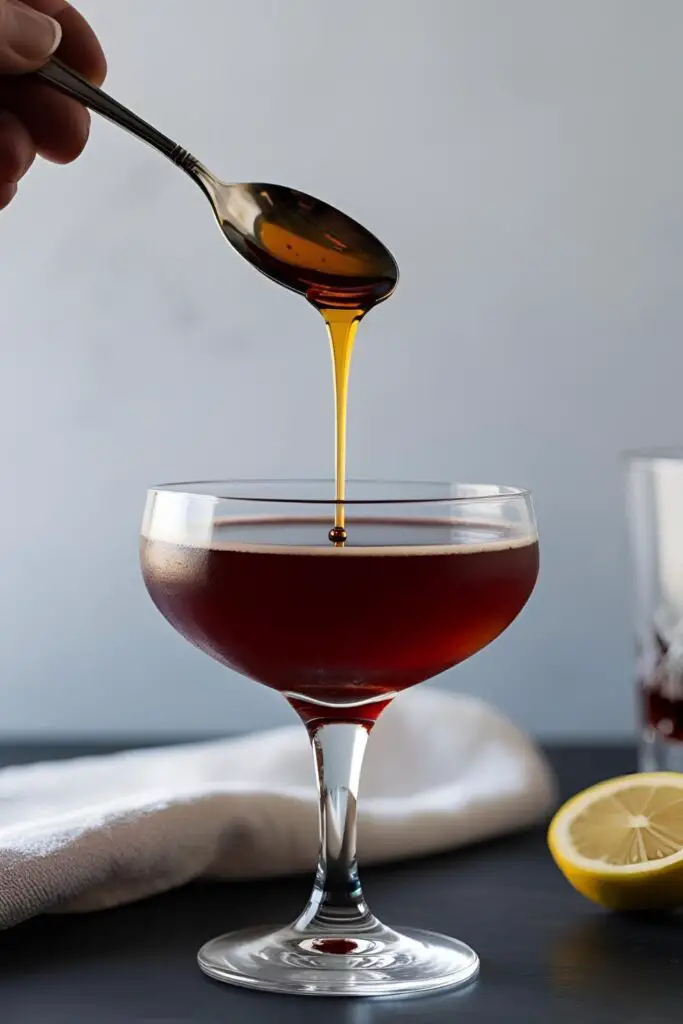 Close-up of Darjeeling syrup being poured into a cocktail glass.