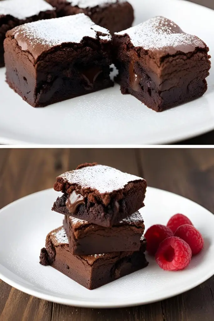  "Espresso brownies on a plate with a dusting of powdered sugar and a side of raspberries."