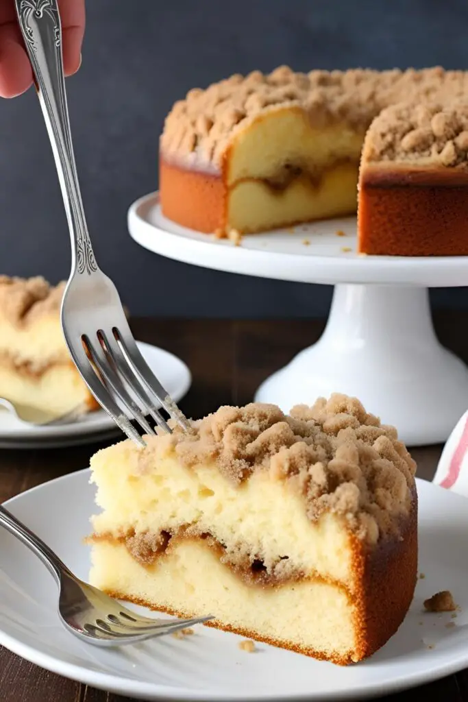 Close-up of a moist slice of Irish coffee cake with streusel topping.