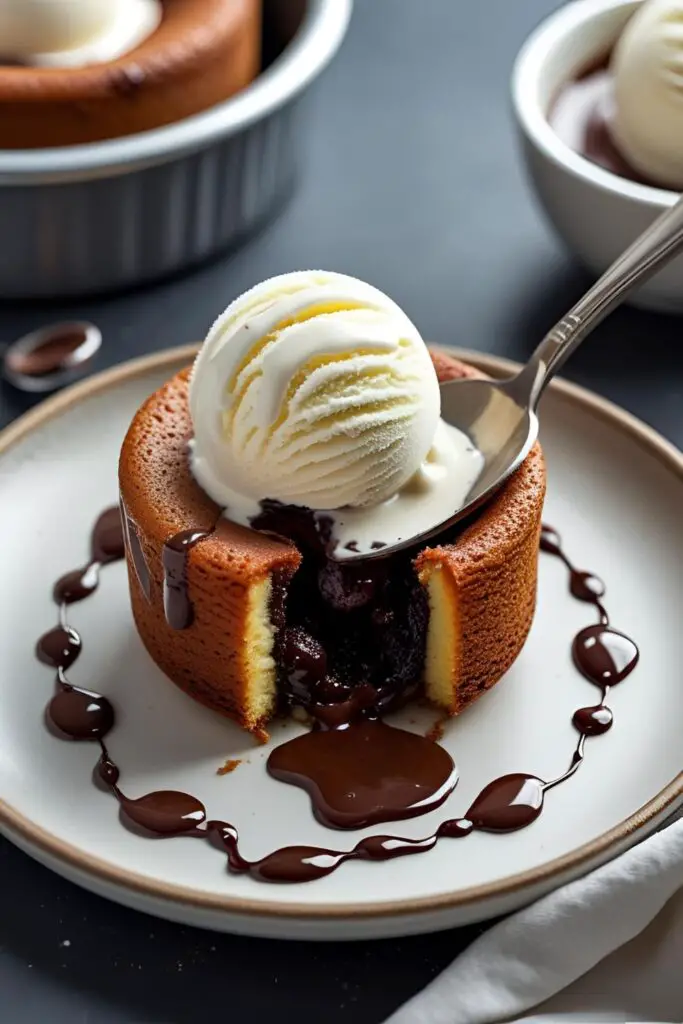 Mini lava cakes served on a plate with a dusting of powdered sugar and fresh mint.