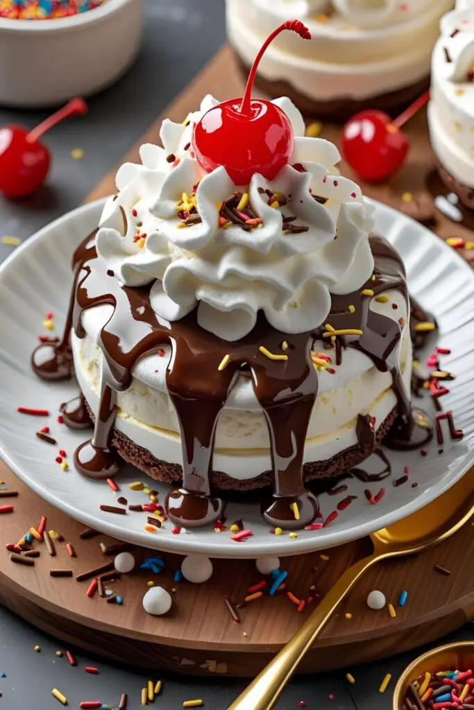 Deconstructed banana split on a wooden board with toppings spread artfully and scoops of ice cream arranged beautifully.