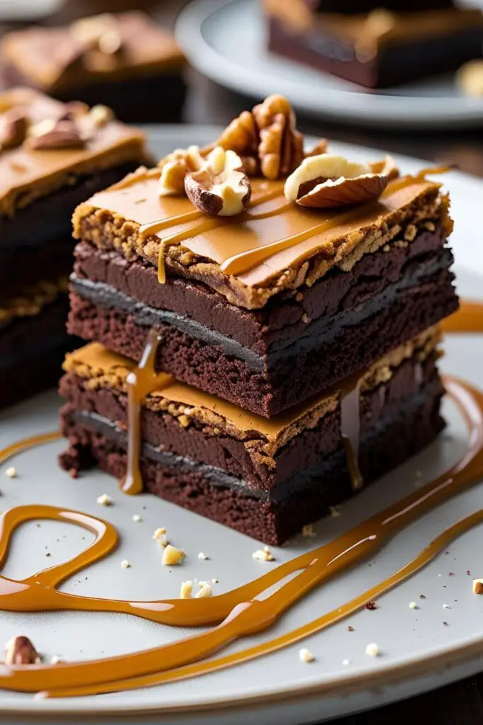 A close-up of a deconstructed brownie highlighting the rich textures and layers.