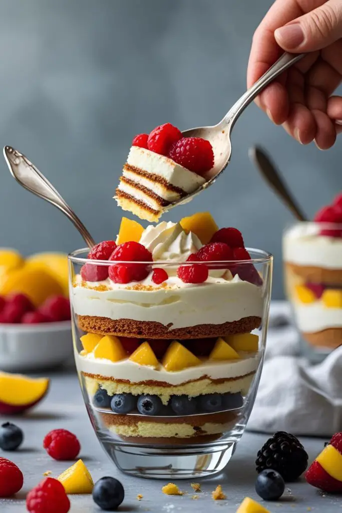 Deconstructed cake served in glasses and a trifle bowl with toppings and layers