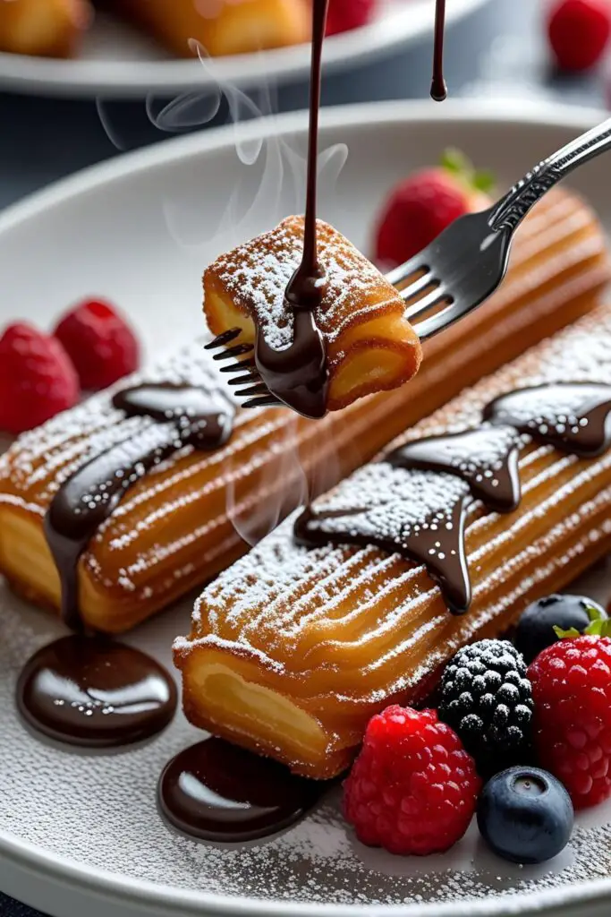 Deconstructed churro pieces with a side of chocolate sauce.