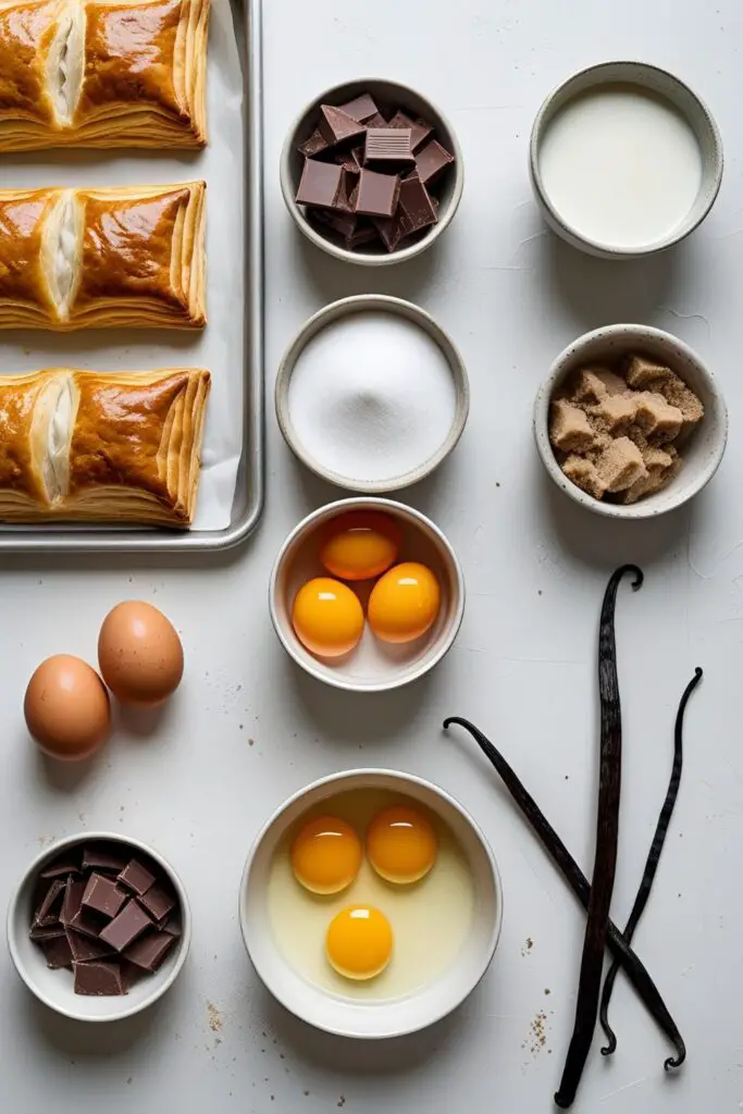 Close-up of a deconstructed éclair layered with ganache and cream on a plate.