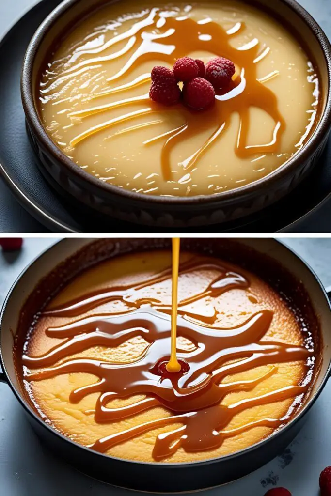  Overhead shot of deconstructed flan served in elegant glassware with caramel drizzle.
