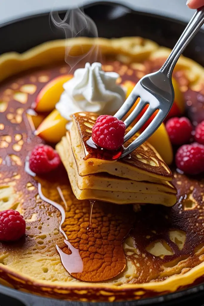 Deconstructed pancake pieces with a side of whipped cream.
