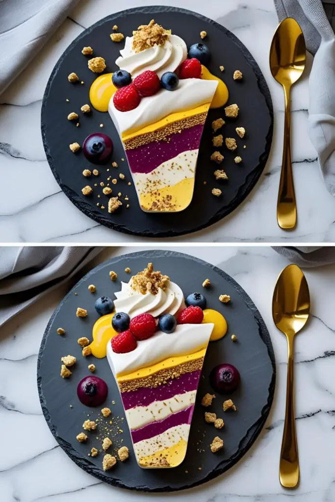 High-quality close-up image of a plated deconstructed parfait showing yogurt swirl, granola clusters, and fresh fruit.