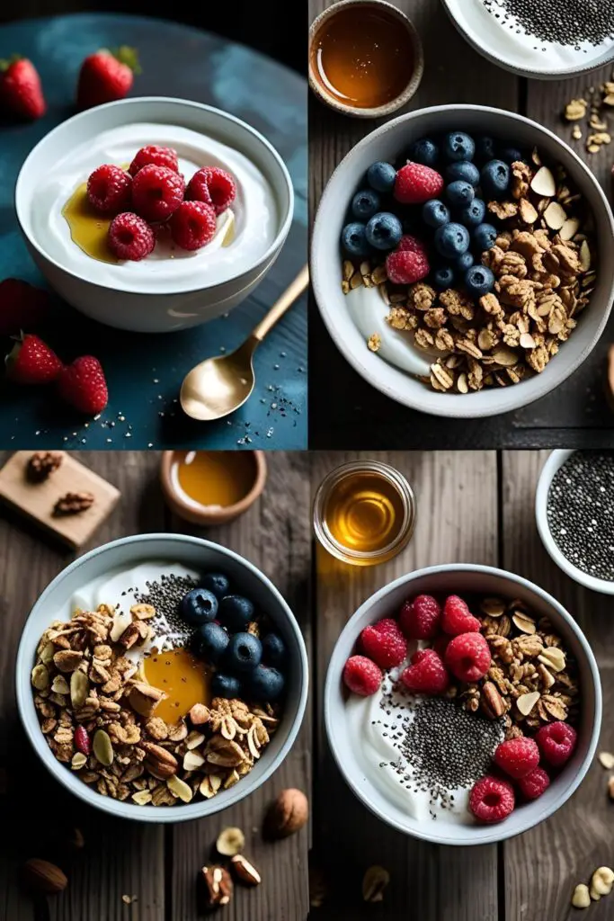  Deconstructed parfait styled for breakfast with vibrant fruits, granola, and yogurt on a rustic serving board.