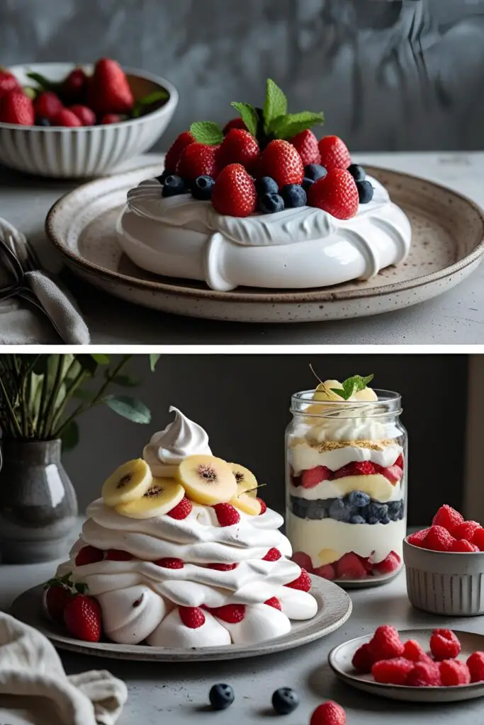 Close-up shot of Deconstructed Pavlova in a tall dessert glass with layers of cream and fruit