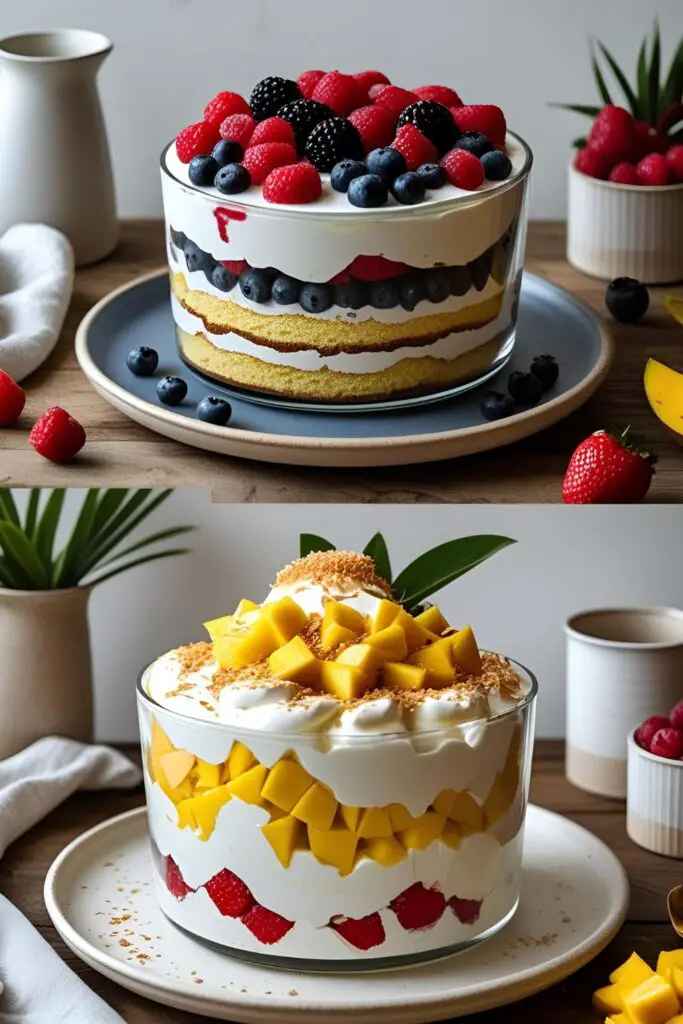 Gourmet-style deconstructed trifle dessert with layered elements and stylish presentation