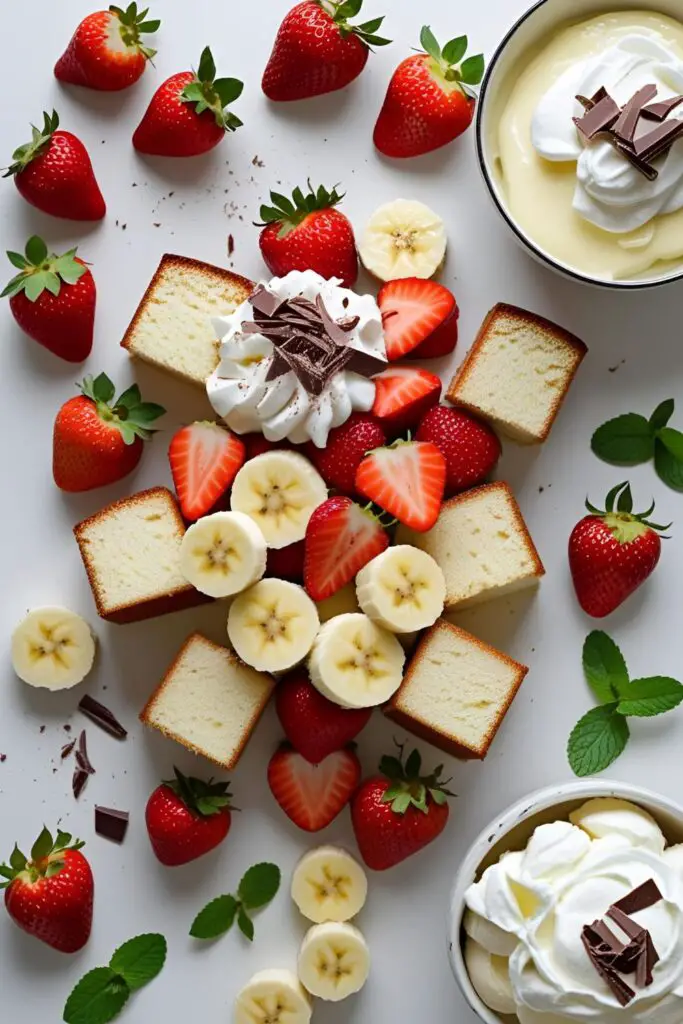 Easy deconstructed trifle with berries, whipped cream, and pound cake plated artfully