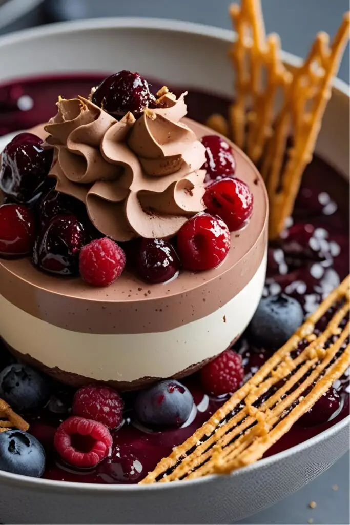 A chic deconstructed mousse dessert plate with visible layers of chocolate mousse, crisp shards, and colorful berry compote.