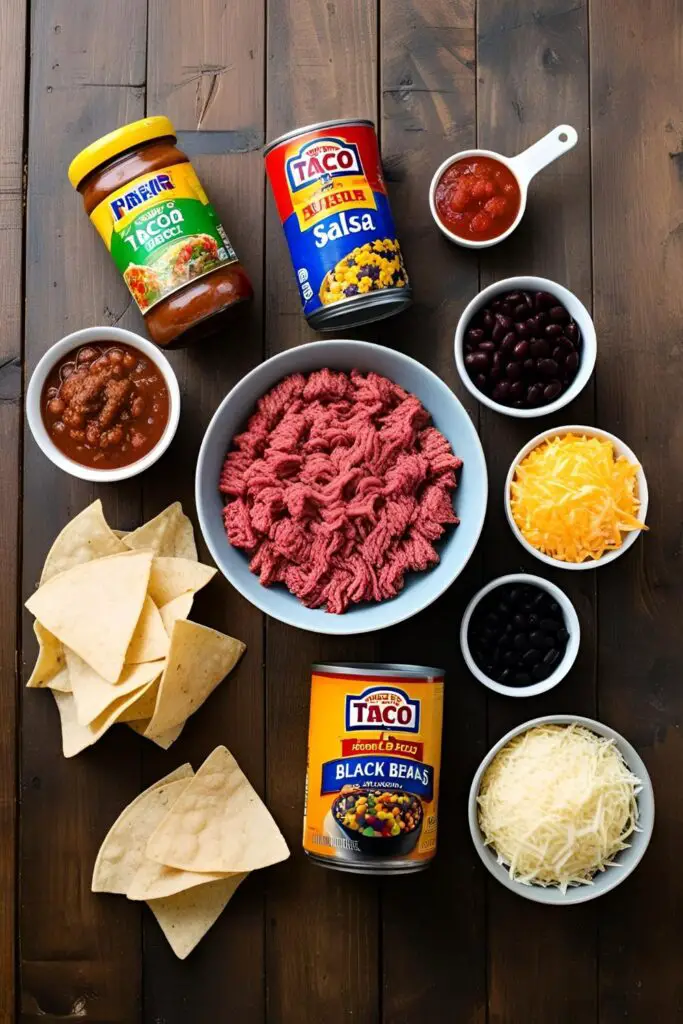 A serving of Dump-and-Bake Taco Casserole on a plate, topped with melted cheese and fresh herbs.