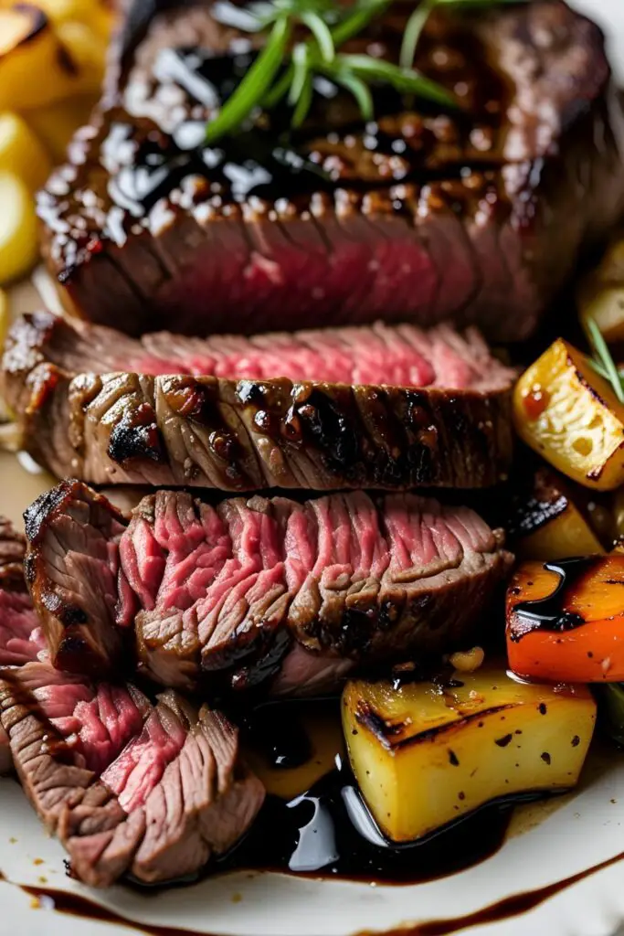 Close-up of balsamic steak being seared in a cast iron skillet.